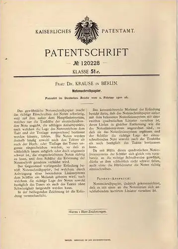 Original Patentschrift - Schreibpapier für Noten , 1900 , Dr. Krause in Berlin , Musik , Komponist , Komposition !!!