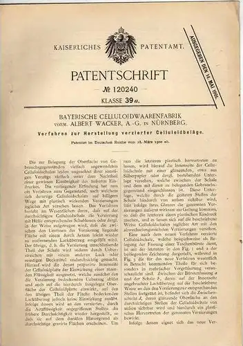 Original Patentschrift - Celluloidwaarenfabrik in Nürnberg , 1900 , verzierte Celluloid - Gegenstände !!!
