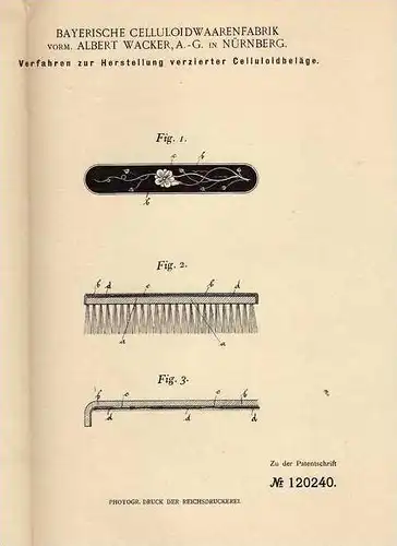 Original Patentschrift - Celluloidwaarenfabrik in Nürnberg , 1900 , verzierte Celluloid - Gegenstände !!!