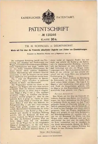 Original Patentschrift - Th. Schinckel in Delmenhorst , 1900 , Winde zum Ziehen von Eisenbahn !!!