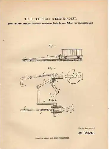 Original Patentschrift - Th. Schinckel in Delmenhorst , 1900 , Winde zum Ziehen von Eisenbahn !!!