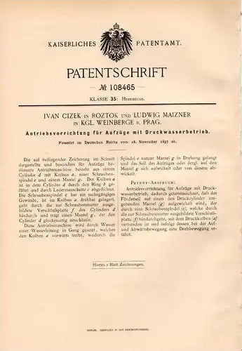 Original Patentschrift - I. Cizek in Roztok und kgl. Weinberge b. Prag , 1897 , Antrieb für Aufzug , Lift , Fahrstuhl !!