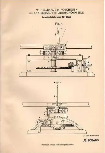 Original Patentschrift - W. Hellbardt in Roschenen und Oberschönweide , 1898 , Hebelbremse für Göpel !!!