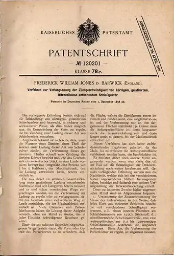 Original Patentschrift - F. Jones in Barwick , England , 1898 , Zündgeschwindigkeit von Schießpulver , Explosion !!!