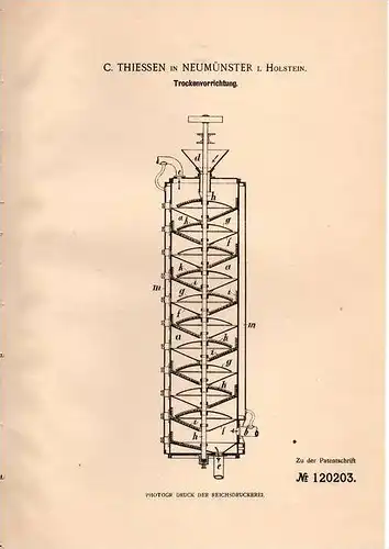 Original Patentschrift - C. Thiessen in Neumünster i. Holstein , 1900 . Trockenvorrichtung !!!