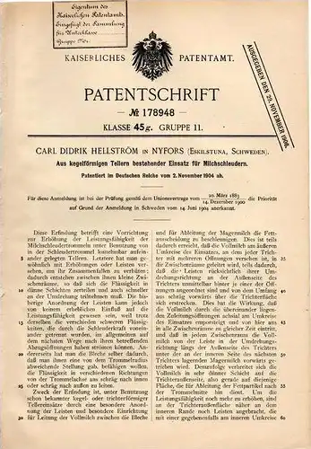 Original Patentschrift - C. Hellström in Nyfors , 1904 , Einsatz für Milchschleuder , Milch , Molke !!!