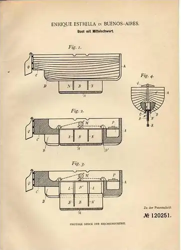 Original Patentschrift - E. Estrella in Buenos Aires , 1900 , Boot mit Mittelschwert !!!
