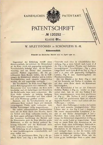 Original Patentschrift - W. Splettstösser in Schönfliess N.-M. , 1900 , Kistenverschluß !!!