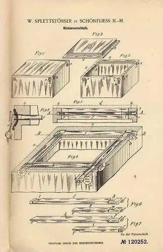 Original Patentschrift - W. Splettstösser in Schönfliess N.-M. , 1900 , Kistenverschluß !!!