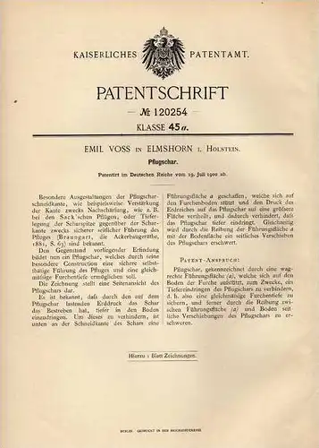 Original Patentschrift - E. Voss in Elmshorn , 1900 , Pflug , Pflugschar , Landwirtschaft !!!