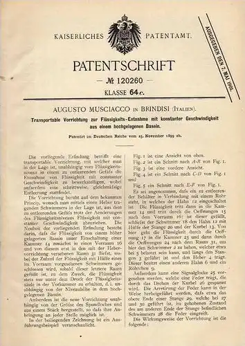 Original Patentschrift - A. Musciacco in Brindisi , Italien , 1899 , Entnahme von Flüssigkeit aus hohen Bassins !