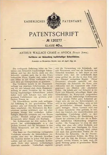 Original Patentschrift - A. Chase in Avoca , Iowa , 1899 , Behandlung von Schwefelkiese !!!