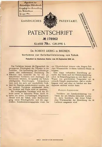 Original Patentschrift - Entnikotisierung von Tabak , 1905 , Dr. Liebig in Bremen , Nikotin , Cigarre , Zigarette !!!