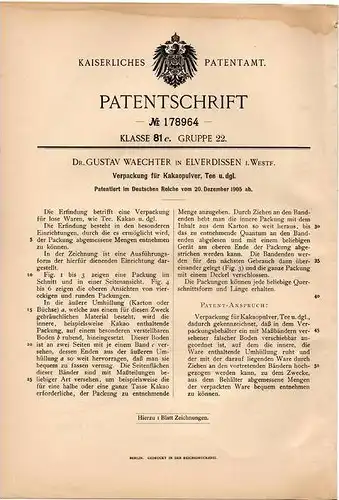 Original Patentschrift - Dr. G. Waechter in Elverdissen i. Westf., 1905 , Verpackung für Kakao und Tee !!!