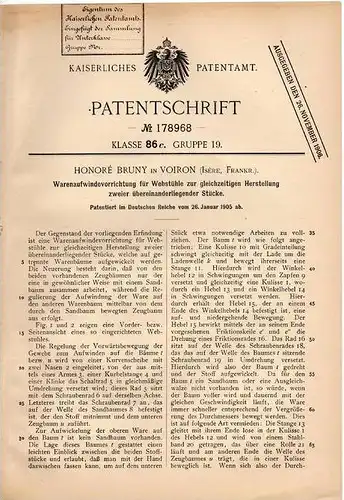 Original Patentschrift - H. Bruny in Voiron , Isére , 1905 , Windevorrichtung für Webstuhl , Weberei !!!