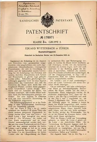 Original Patentschrift - E. Wyttenbach in Zürich , 1905 , Haar - Entwirrapparat , Friseur , Frisur , Haare !!!
