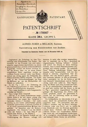 Original Patentschrift - A. Zuber in Bellach , 1905 , Apparat zum Kleinbrechen von Zucker !!!