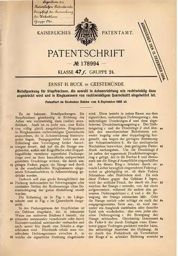 Original Patentschrift - E. Buck in Geestemünde , 1905 , Metallpackung für Stopfbüchsen , Bremerhaven !!!