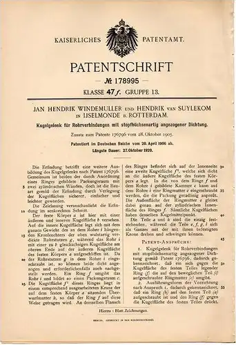 Original Patentschrift - J. Windemüller in Ijselmonde b. Rotterdam , 1906 , Kugelgelenk für Rohre !!!