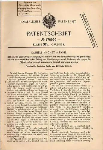 Original Patentschrift - C. Nachet in Paris , 1905 , Kamera für Dreifarben - Photographie , Camera !!!