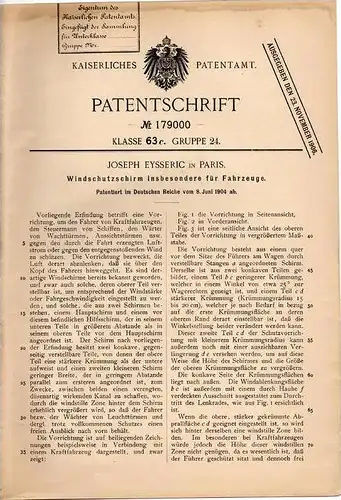 Original Patentschrift - J. Eysseric in Paris , 1904 , Windschutzscheibe für Fahrzeuge , Automobile !!!
