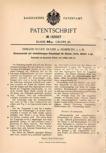 Original Patentschrift - E. Dulier in Homburg v. der Höhe , 1906 , Klemmschnalle für Riemen und Gurte !!!