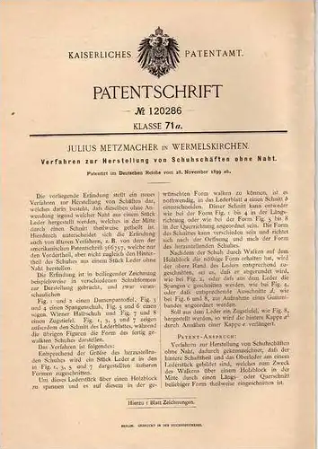 Original Patentschrift - J. Metzmacher in Wermelskirchen , 1899 , Herstellung von Schuhschäften , Schuhmacher , Schuster