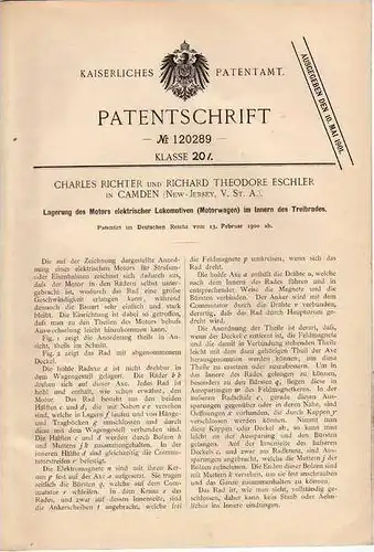 Original Patentschrift - R. Eschler in Camden , USA , 1900 , Motorlagerung für Lokomotive , Eisenbahn !!!