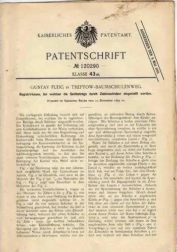 Original Patentschrift - G. Fleig in Treptow - Baumschulenweg , 1899 , Registrierkasse , Kasse !!!