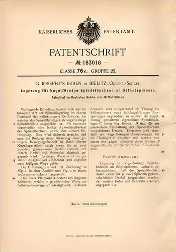 Original Patentschrift - G. Josephy`s Erben in Bielitz , 1906 , Lagerung für Spindelbuchsen , Spindel !!!