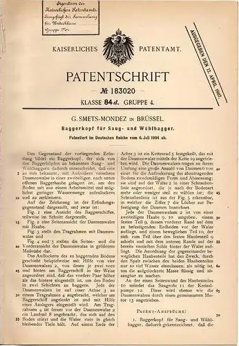 Original Patentschrift - G. Smets - Mondez in Brüssel , 1904 , Bagger , Schaufelbagger , Schiff   !!!