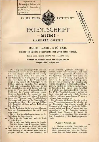 Original Patentschrift - B. Goebel in Lüttich , 1905 , halbautomatische Waffe , Gewehr , Feuerwaffe , Pistole !!!