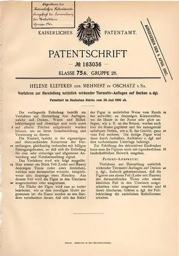 Original Patentschrift - H. Klefeker in Oschatz i.S. , 1906 , Tiermotiv - Decken , Verzierung , Fell !!!