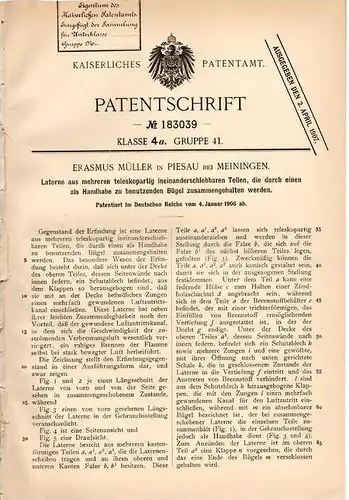 Original Patentschrift - E. Müller in Piesau b. Meiningen , 1906 , Teleskop - Laterne !!!