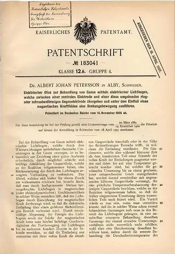 Original Patentschrift - Dr. A. Petersson in Alby , Schweden , 1905 , Elektrischer Ofen zur Behandlung von Gasen !!!