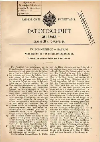 Original Patentschrift - Fr. Bohnensieck in Bassum , 1906 , Blitzableiter , Blitz , Gewitter !!!