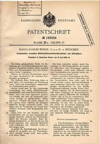 Original Patentschrift - ISARIA - Zählerwerke in München , 1906 , Stromzähler , Wattstundenzähler  !!!