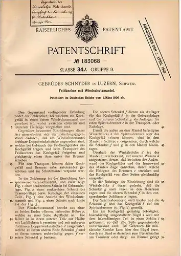 Original Patentschrift - Gebr. Schnyder in Luzern , 1906 , Feldkocher mit Windschutz !!!