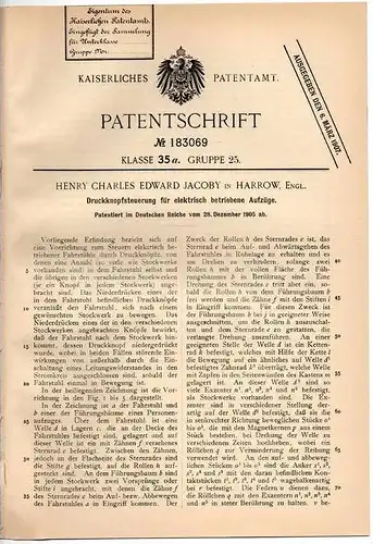 Original Patentschrift - H. Jacoby in Harrow , 1905 , elektrische steuerung für Lift , Aufzug , Fahrstuhl !!!