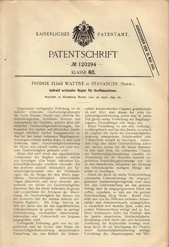 Original Patentschrift -  F. Wattne in Stavanger , Norw., 1899 , Regler für Kraftmaschinen !!!