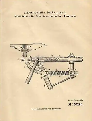 Original Patentschrift - A. Schibli in Baden , Schweiz , 1900 , Federung für Sitz , Fahrrad , Motorrad !!!