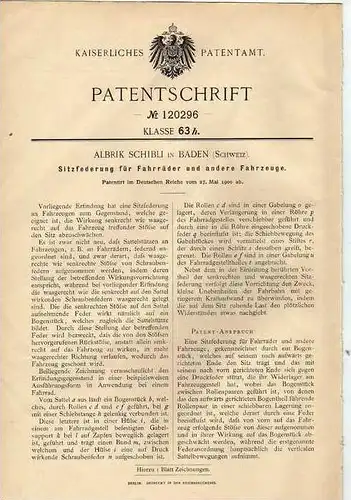 Original Patentschrift - A. Schibli in Baden , Schweiz , 1900 , Federung für Sitz , Fahrrad , Motorrad !!!