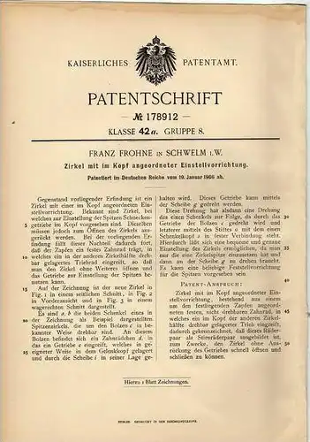 Original Patentschrift - F. Frohne in Schwelm i.W. , 1906 , Zirkel mit Einstellvorrichtung !!!