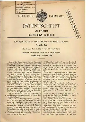 Original Patentschrift - J. Rusp in Stockdorf b. Planegg , 1906 , federndes Rad !!!