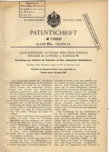 Original Patentschrift - Optische Anstalt in Rathenow , 1906 , Schleifen von Brillengläser , Brille , Optik , Optiker !!