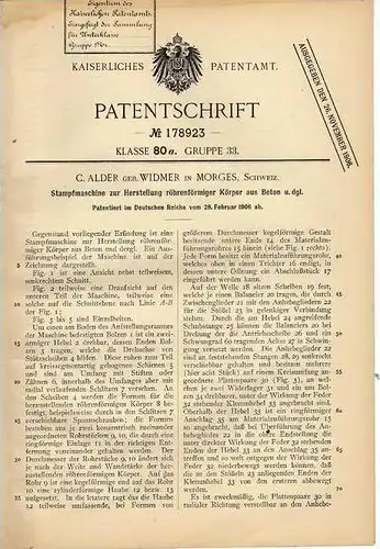 Original Patentschrift - C. Alder in Morges , 1906 , Stampfmaschine für Röhren aus Beton !!!