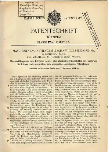 Original Patentschrift - Maschinenbau AG in Golzern - Grimma und Isny , 1904 , Kammerfilterpresse , Presse für Säuren !!