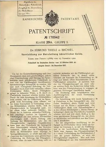 Original Patentschrift - Dr. E. Thiele in Brüssel , 1905 , Herstellung künstlicher Seide , Kunstseide !!!