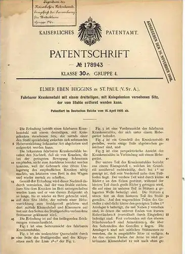 Original Patentschrift - E. Higgins in St. Paul , 1905 , Rollstuhl , fahrbarer Krankenstuhl !!!