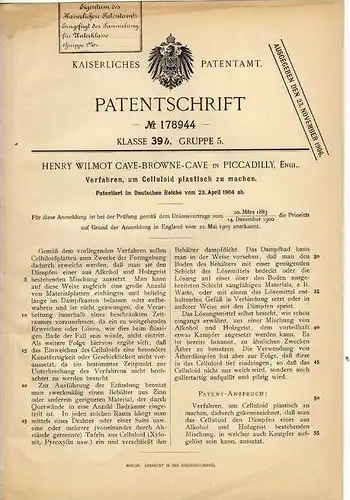 Original Patentschrift - H. Cave-Browne-Cave in Picadilly , 1904 , plastisches Celluloid !!!